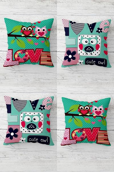 linazaitun Cute Owls Patterned Hidden Zippered Throw Pillow Cover Sofa Pillow Cover Set (4pcs)