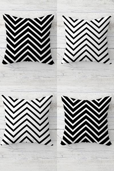 Pelangi Zigzag Patterned Black and White Concealed Zippered Throw Pillow Cover Sofa Pillow Cover Set (4pcs)