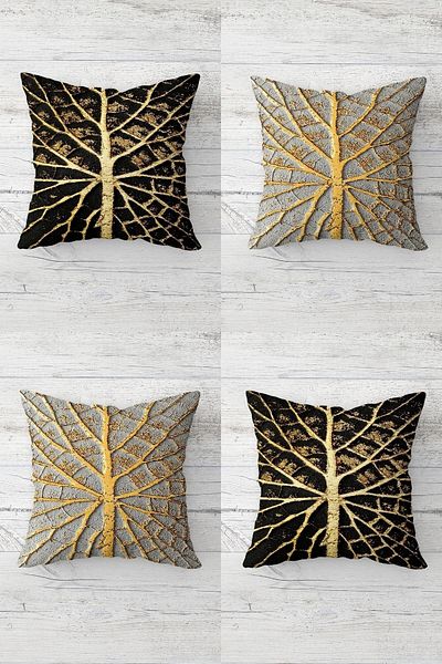 linazaitun Gold Tree Body Patterned Concealed Zippered Throw Pillow Cover Sofa Pillow Cover Set (4pcs)