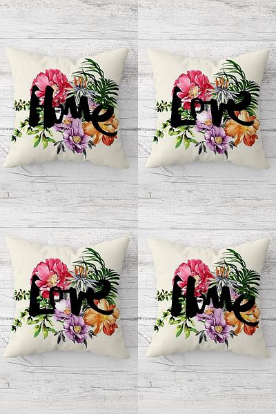 linazaitun Love Home Written Tropical Flowers Hidden Zippered Throw Pillow Cover Sofa Pillow Cover Set (4pcs)
