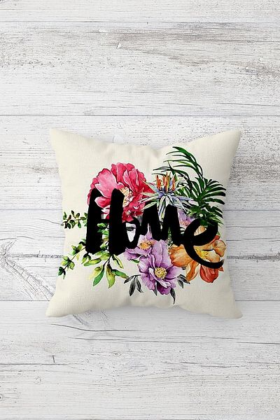 linazaitun Love Home Written Tropical Flowers Hidden Zippered Throw Pillow Cover Sofa Pillow Cover Set (4pcs)