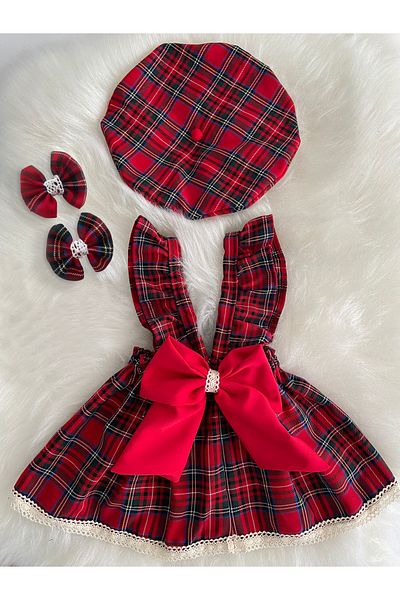 Moda Lina Girl's Red Dress Plaid Lace Hat Buckle