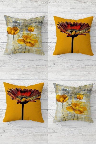 linazaitun Yellow Poppy and Daisy Patterned 4-Piece Throw Pillow Set - Hidden...