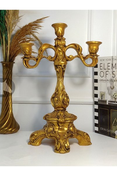 Dekoromi Klasik 3 Kollu Şamdan Mumluk (37x25cm) Gold
