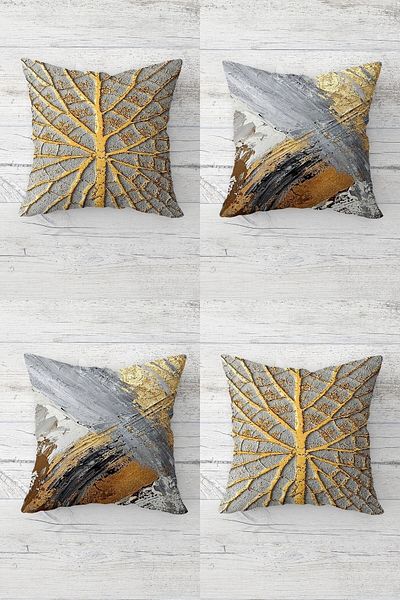 Pelangi Gold Tree Body and Color Blocked Hidden Zippered Throw Pillow Cover Sofa Pillow Cover Set (4pcs)