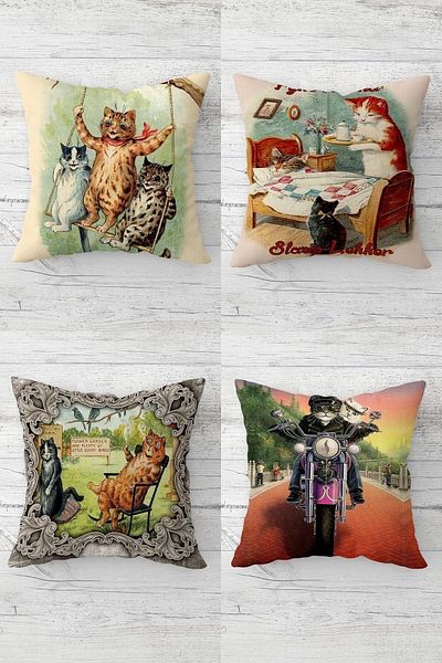 Pelangi Cute Cats Combination Concealed Zippered Throw Pillow Cover Seat Pillow Cover Set (4pcs)