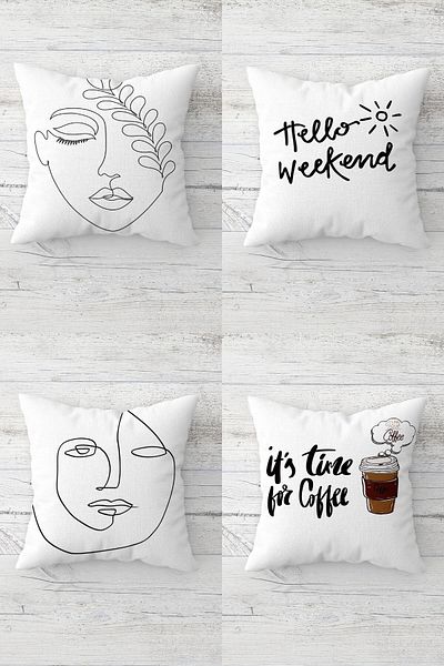 Pelangi Hello Weekend Coffee Time - Line Art Throw Pillow Set with Hidden Zipper (4Pcs)