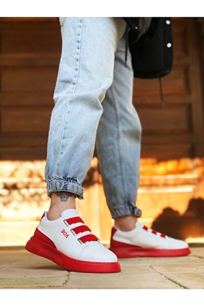 BOUIS Men's White Red Casual Three-Stripe Comfortable Sneakers Thick Comfortable Sole Stylish Walking Shoes