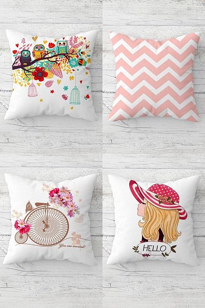 linazaitun Owl Bicycle And Free Girl Themed Hidden Zippered Throw Pillow Cover Seat Pillow Cover Set(4pcs)
