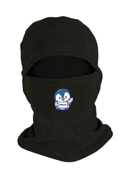 Zeron Tasarım Hello Saying Penguin Printed Winter Fleece Snow Mask Black Bll799