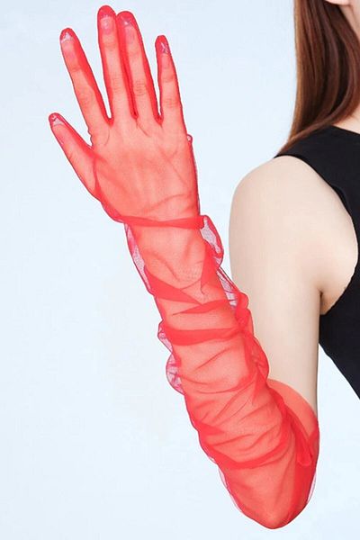Hayalperest boncuk Red Lycra Long Tulle Gloves Evening Dress Gloves