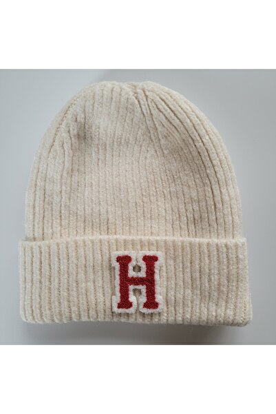 initialess Mohair Folded Knitted Ecru Wool Beret with Letter H