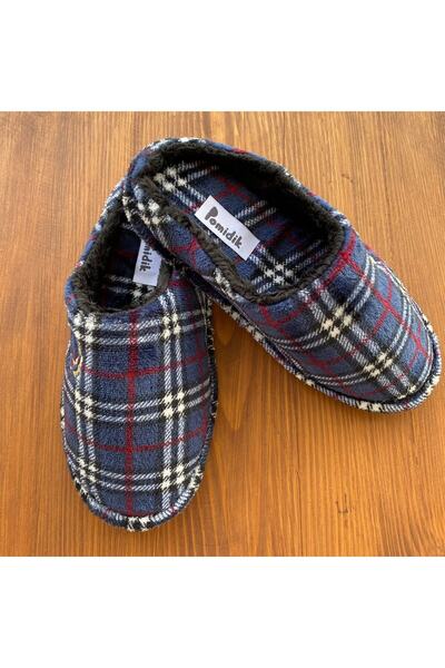 Pomidik Erkek Lacivert Kareli Önü Kapalı Ev Terliği