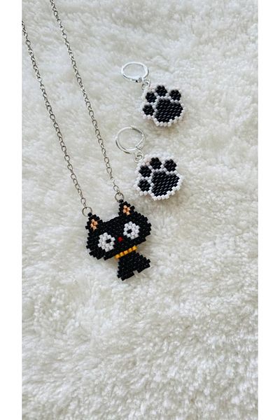 elamindunyasi Miyuki Knitted Cat Figure Necklace and Paw Earring Set
