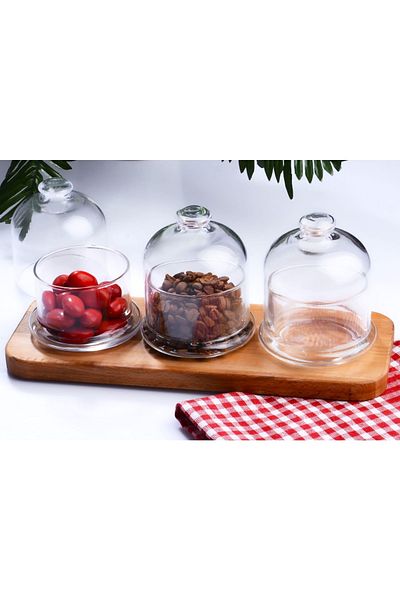 Paşabahçe Breakfast Tabletop Glass Storage Container with Jam and Wooden Stand