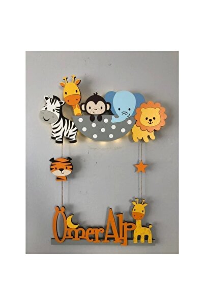 Atölye Selçukum زينة باب غرفة الأطفال الخشبية المضيئة على شكل حيوانات سفاري