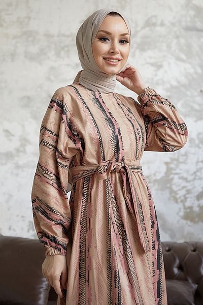 InStyle Elvira Patterned Mevlana Sleeve Hijab Dress - Powder