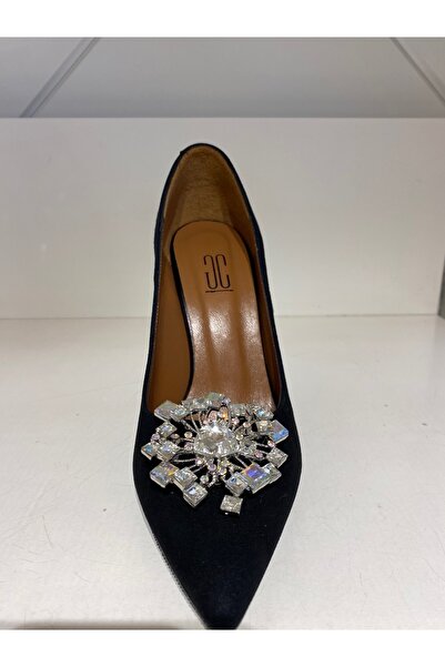 Cengiz Gümüş Siyah Süet Saçaklı Taşlı Kadın Abiye Ayakkabı