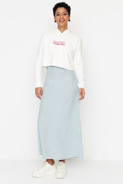 Trendyol Modest Vízzöld virágmintás magas derekú, A-vonalú 100% viszkózus szövött szoknya TCTSS23EE00007