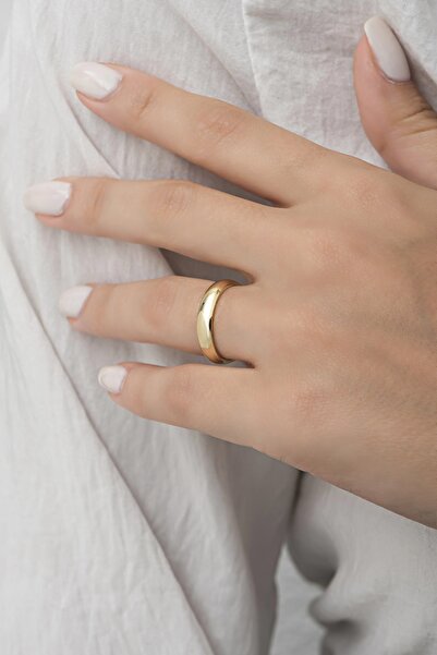 ALYANSEVİM 4 Mm Bombeli Klasik Düz Altın Kaplama Tek Gümüş Alyans Yüzük