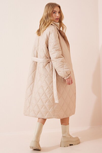 Happiness İstanbul Dámský tmavý krémový rolák oversize prošívaný kabát FN02992