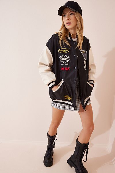 Happiness İstanbul Women's Black Embroidered Unisex College Bomber Coat FN02987