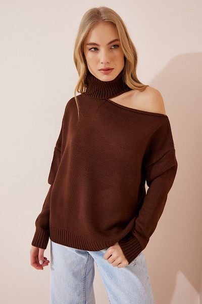 Happiness İstanbul Damen-Strickpullover „Cot Out“ mit Rollkragen und Detail in Braun PN00068