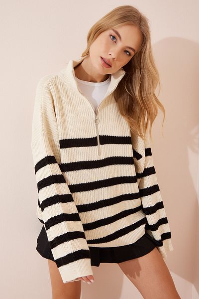Happiness İstanbul Damen Oversize Pullover mit Knochenmuster, Reißverschluss, Stehkragen, Streifen YY00100