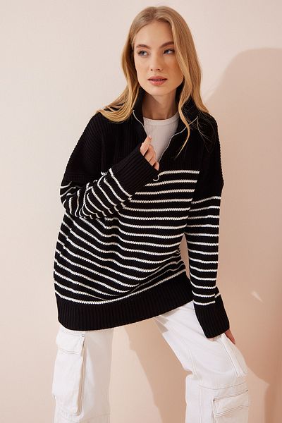 Happiness İstanbul Women's Black Zippered Stand Collar Striped Long Oversize Sweater FN02995