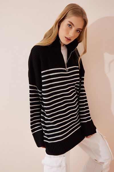 Happiness İstanbul Women's Black Zippered Stand Collar Striped Long Oversize Sweater FN02995