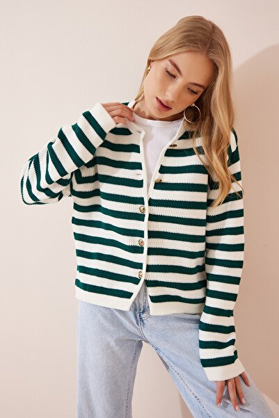 Happiness İstanbul Gepolsterte Strickjacke mit Streifenmuster in Ecru-Grün für Damen US00859