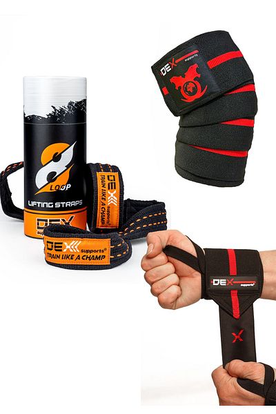 Dex Supports Lasting Energy Lifting Strap 8 Loop Knee Wraps Elite Wrist Wraps Set of 3