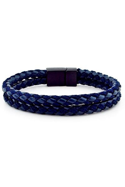 Solfera Black Metal Clip 2 Row Navy Blue Braided Leather Men's Bracelet M032c