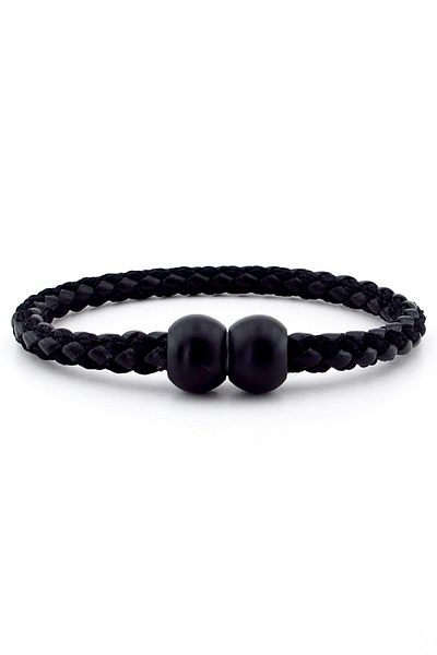 Solfera Black Ball Metal Clip Black Braid Leather Men's Bracelet M034a