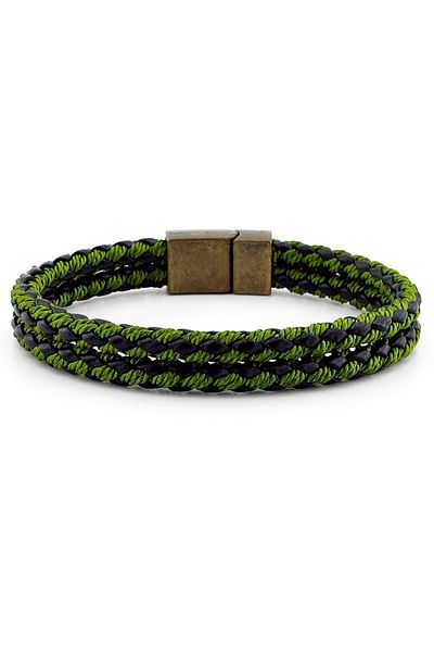 Solfera Bronze Magnet Two Rows Green Braid Leather Men's Bracelet M030b