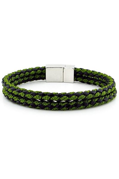 Solfera Silver Color Magnet Two Rows Green Braid Leather Men's Bracelet M031b