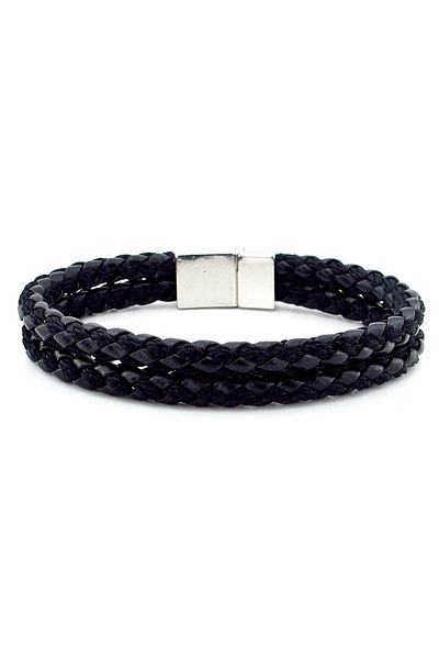 Solfera Silver Color Magnet Two Rows Black Braid Leather Men's Bracelet M031a