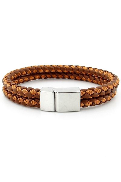 Solfera Silver Color Magnetic Two Rows Tan Braid Leather Men's Bracelet M031e