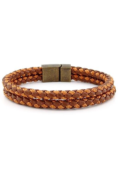 Solfera Bronze Magnetic Clip Two Rows Tan Braid Leather Men's Bracelet M030e