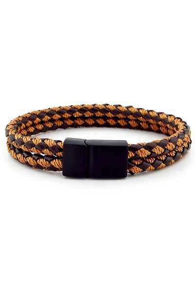 Solfera Black Metal Two Rows Brown Tan Braid Leather Men's Bracelet M032f