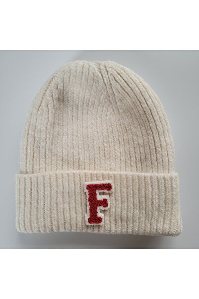 initialess F Letter Mohair Folded Knitted Ecru Wool Beret