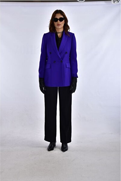 URBAM Dört Düğmeli Saks Mavisi Kruvaze Ceket