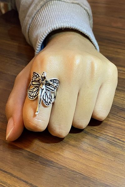 axexuar Winged Angel Figured Silver Gray Adjustable Men's Women's Ring Wedding Ring