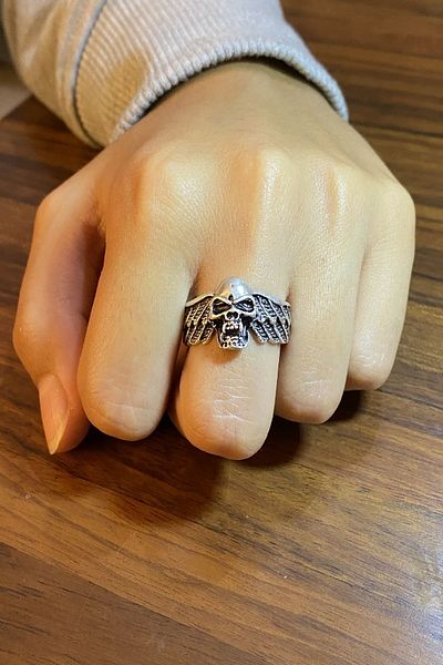 axexuar Silver Gray Adjustable Men's Women's Ring Wedding Ring with Skull Figure