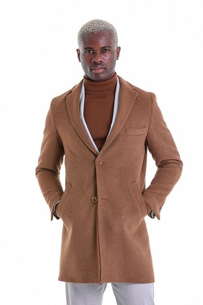 Hatemoğlu Brown Slim Fit Plain Double Button Mono Collar Woolen Coat