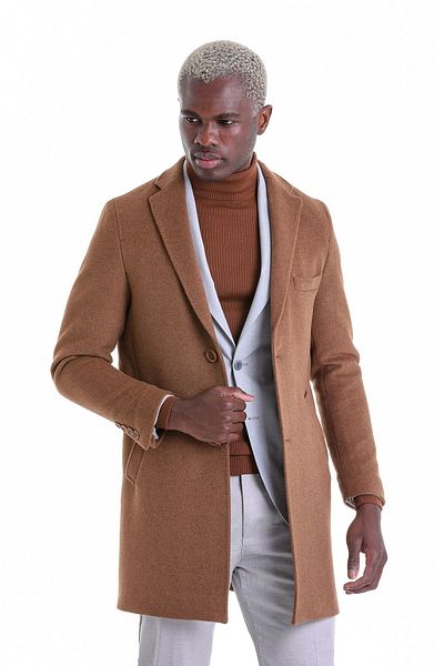 Hatemoğlu Brown Slim Fit Plain Double Button Mono Collar Woolen Coat