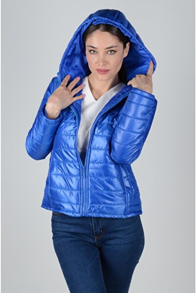 ONO STORE Saks Mavi Ince Şişme Kapüşonlu Mont