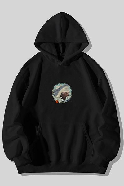 Harmandar Anime Shark Printed Unisex Black Kangaroo Pocket Hooded Sweatshirt Hoodie