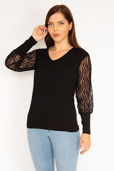 Şans Women's Large Size Black Flock Detailed Blouse 65n35329
