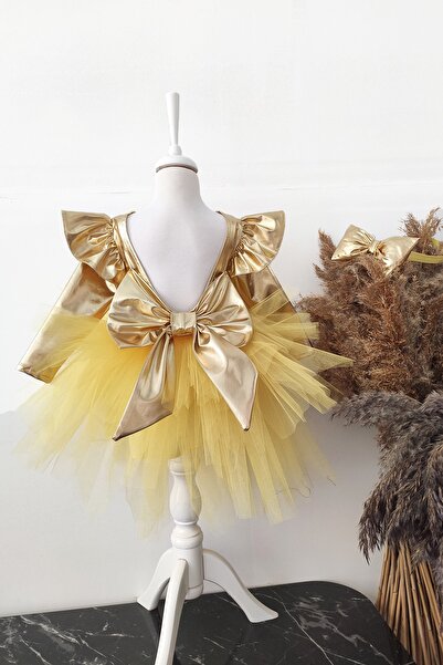 Shecco Babba Sarı Fiyonklu Kız Çocuk Tütü Elbise, Uzun Kollu Sarı Doğum Günü Elbisesi, Bandana